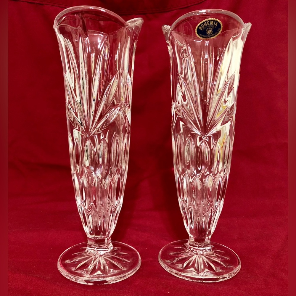 2 Vintage Bohemia Czech Republic Lead Crystal 8.25" Vase - Mint -
